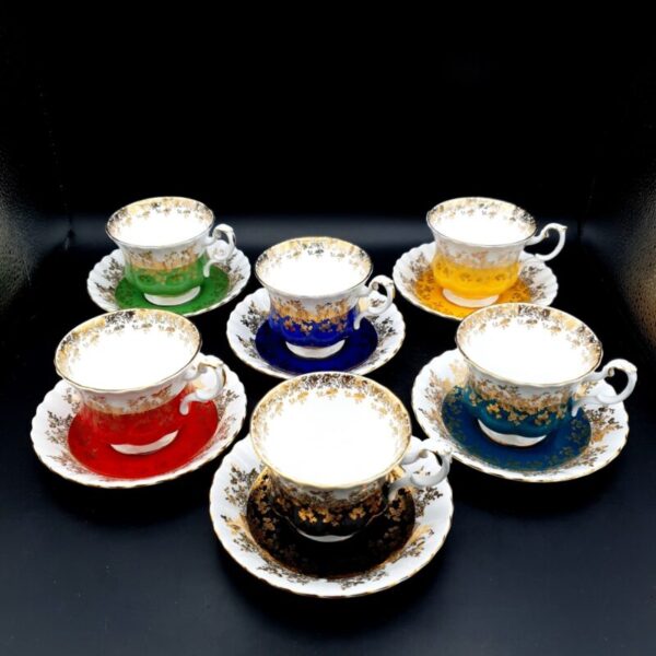 Royal Albert Regal Series Set of 6 Multicolour Footed Cups & Saucers 1970s