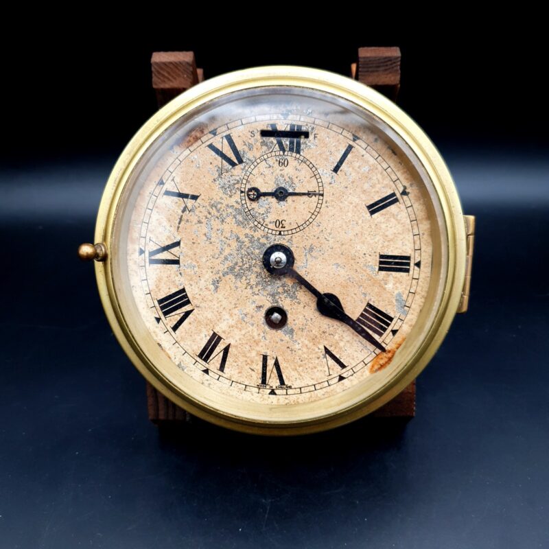 Antique Empire Brass Marine Bulkhead Clock & key England Works needs servicing