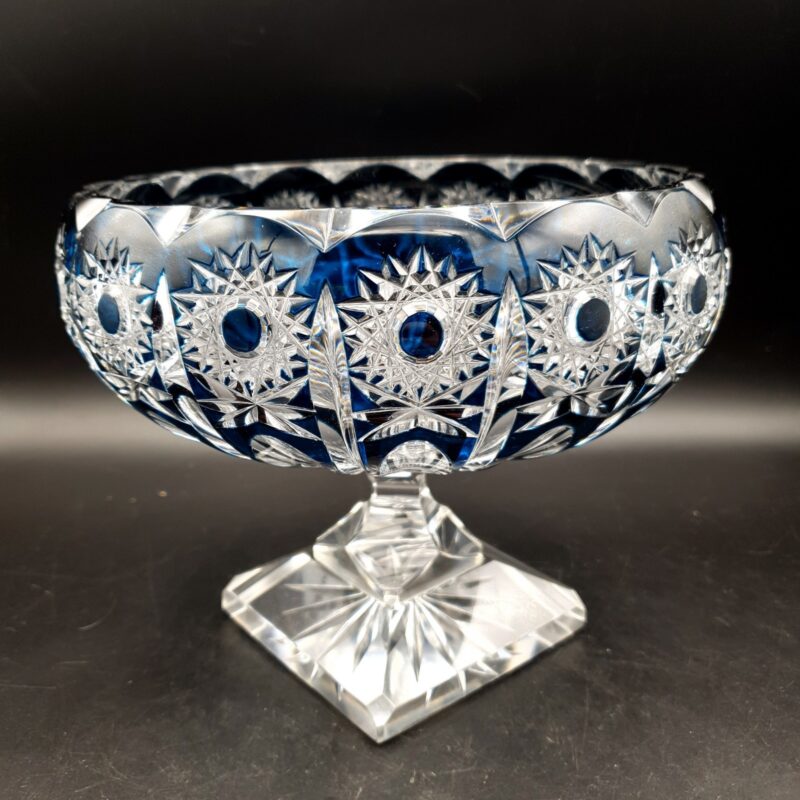 Val Saint Lambert Petrol Blue Cut to Clear Crystal Pedestal Bowl Art Deco 2.09kg