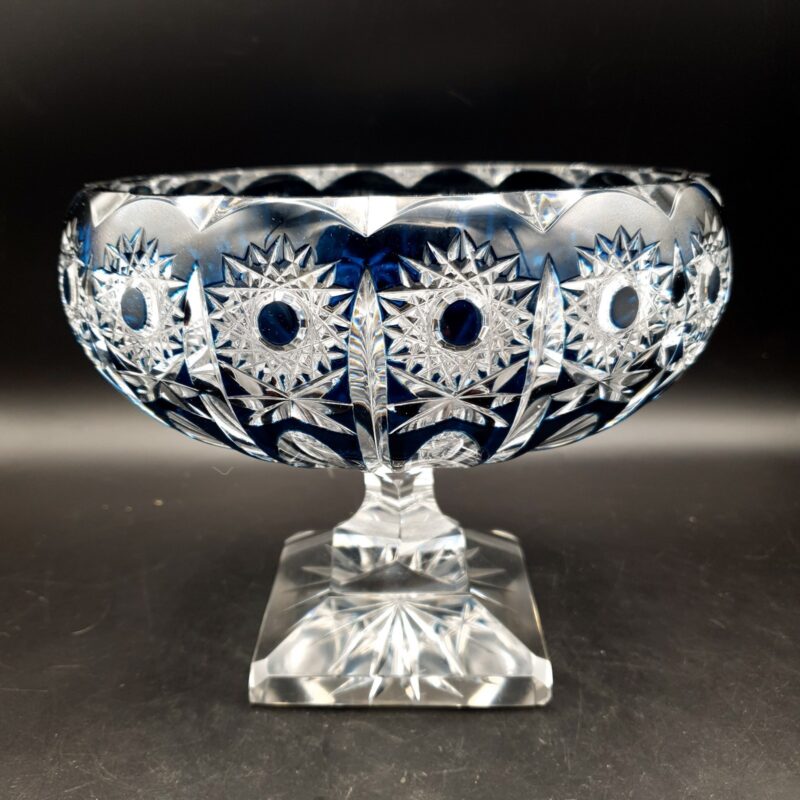 Val Saint Lambert Petrol Blue Cut to Clear Crystal Pedestal Bowl Art Deco 2.09kg